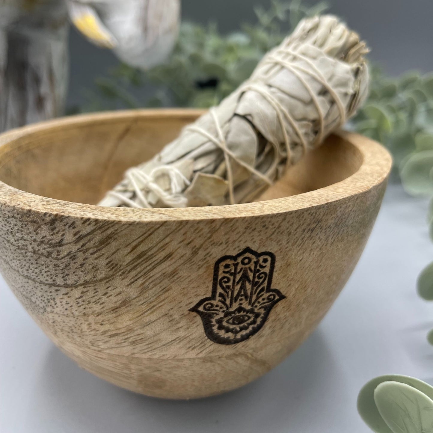 Wooden Smudge / Smoke Cleansing and Ritual Offering Bowl | Hand of Hamsa Engraving