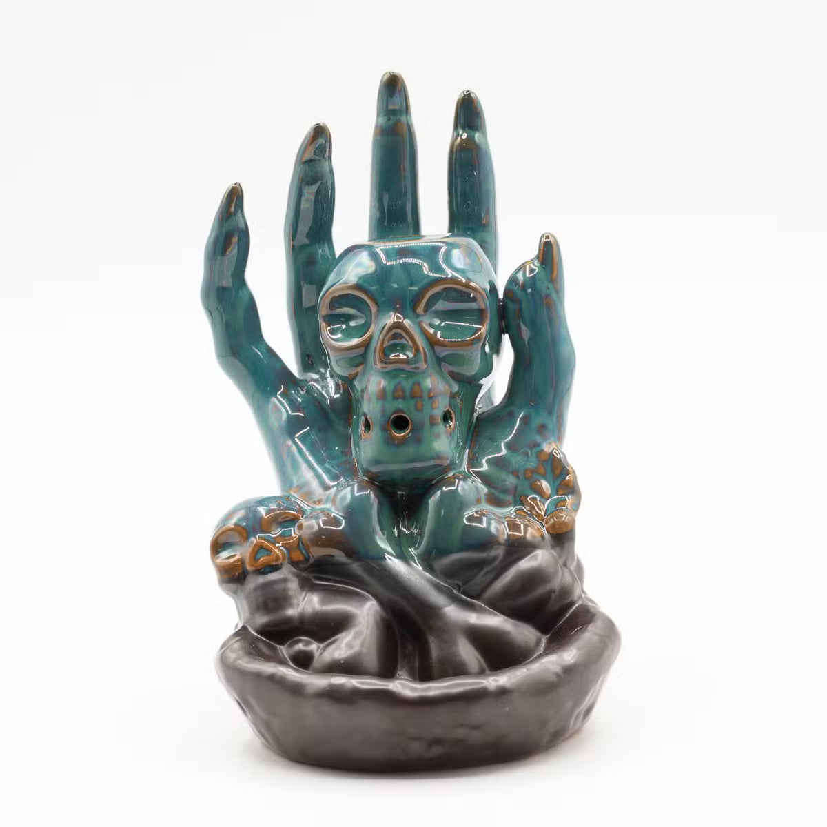 Skull in Hand Backflow Incense Burner | Ceramic, Smoke Waterfall Effect | Home Fragrance Ornament |