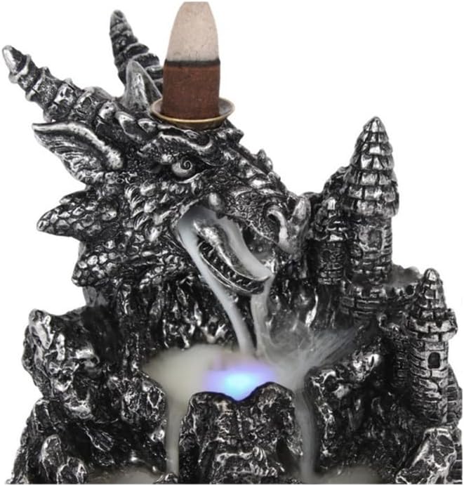 Silver Dragon Resin Backflow Incense Burner with Light | 13cm x 12.5cm | Home Fragrance | Goth Decor