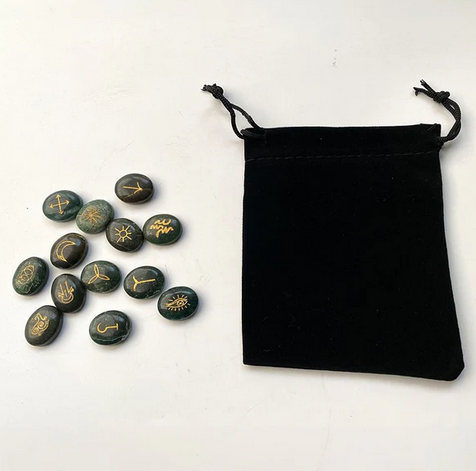 Witches Rune Set with Pouch | Green Jade | Divination | Furtune Telling | Witch Stones