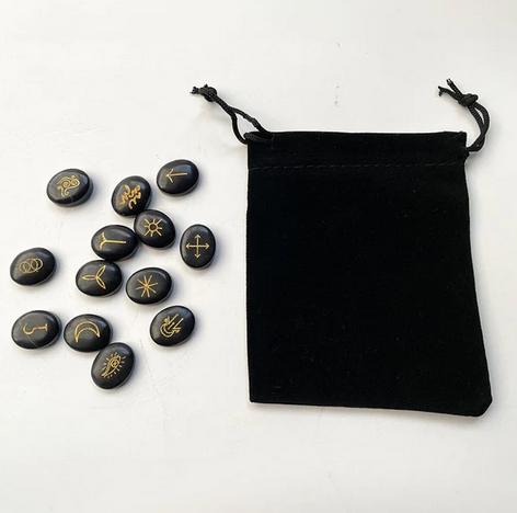 Witches Rune Set with Pouch | Black Agate | Divination | Furtune Telling | Witch Stones
