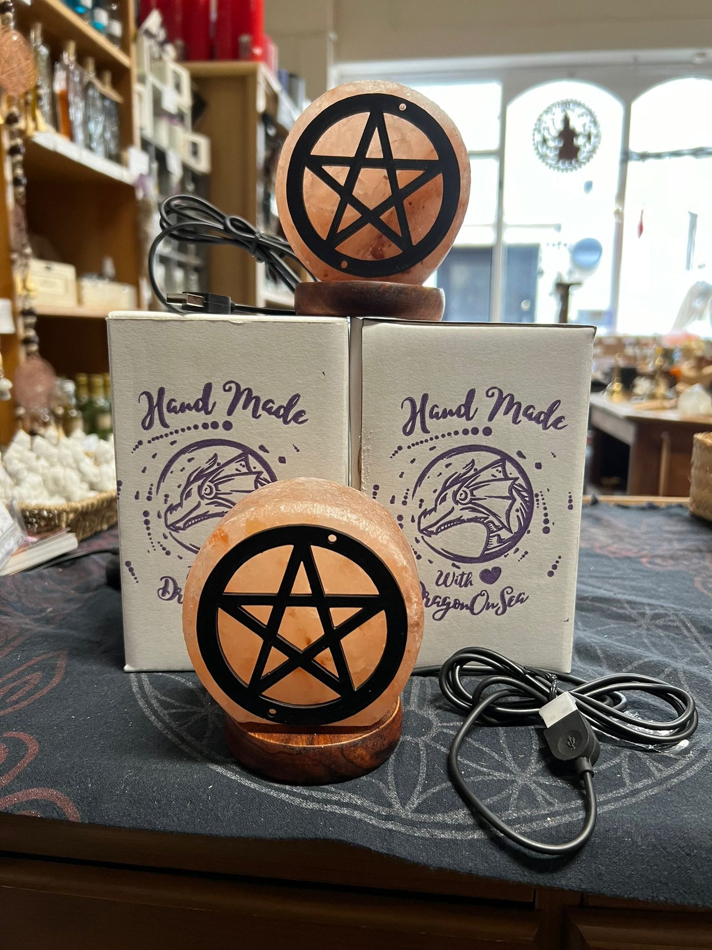 Himalayan Rock Salt Lamp | Table Top USB Connection | Pentagram Design | Witchy Altar | Protection