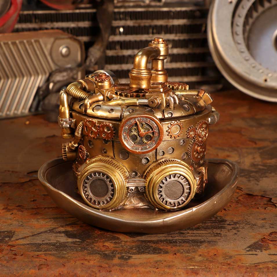 Cogwork Hatter Box | 14.5cm | Bronze Silver Cogwork Hatter Box | Steampunk Hat Storage
