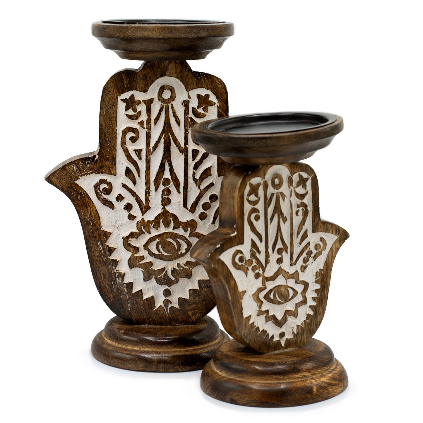 Mango Wood Candle Stand with Hamsa Design | Available in Two Sizes | Pillar Candle Holder | Voltive Candle Holder