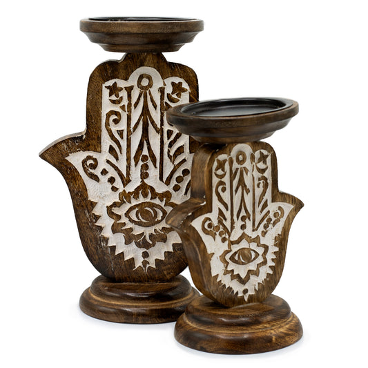 Mango Wood Candle Stand with Hamsa Design | Available in Two Sizes | Pillar Candle Holder | Voltive Candle Holder