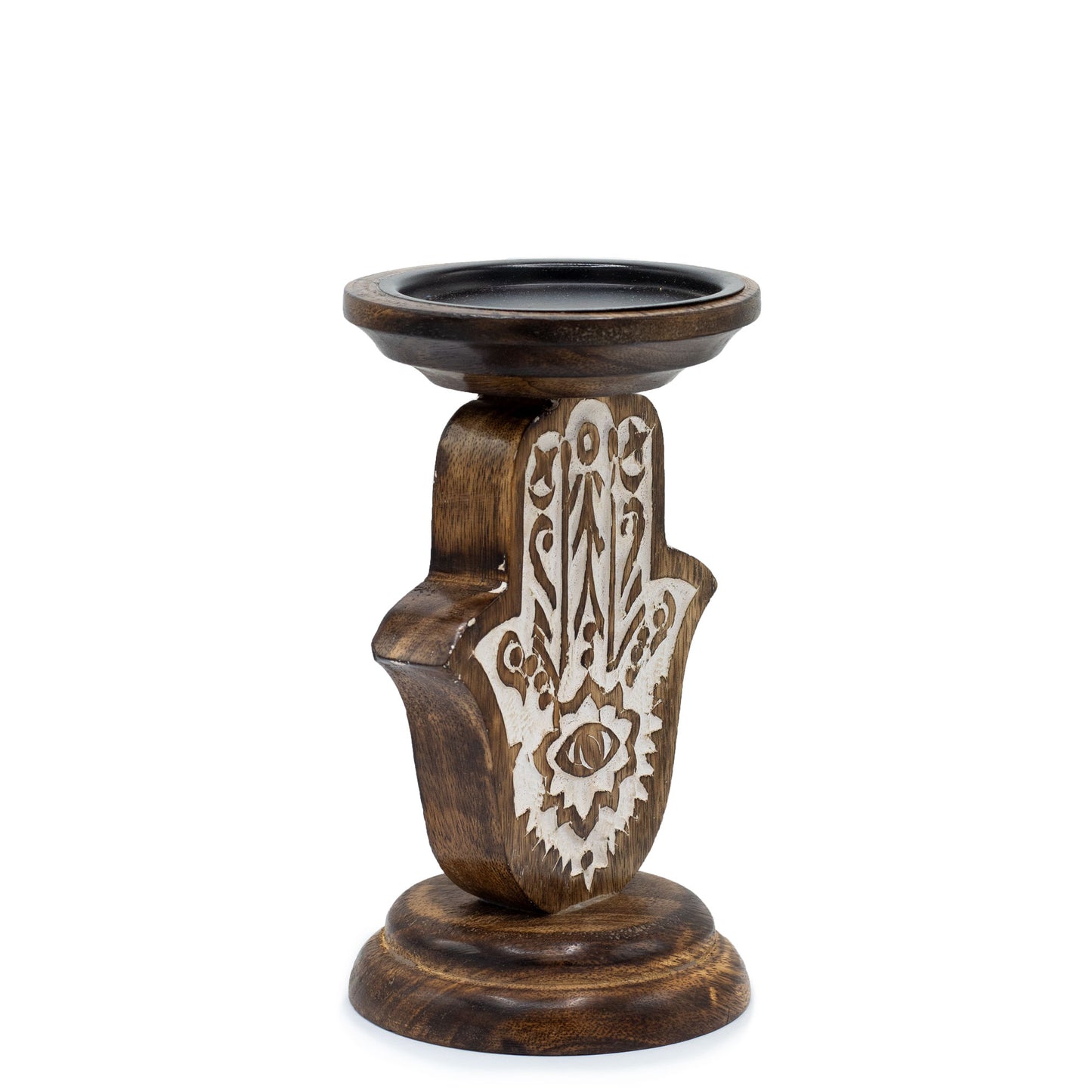 Mango Wood Candle Stand with Hamsa Design | Available in Two Sizes | Pillar Candle Holder | Voltive Candle Holder
