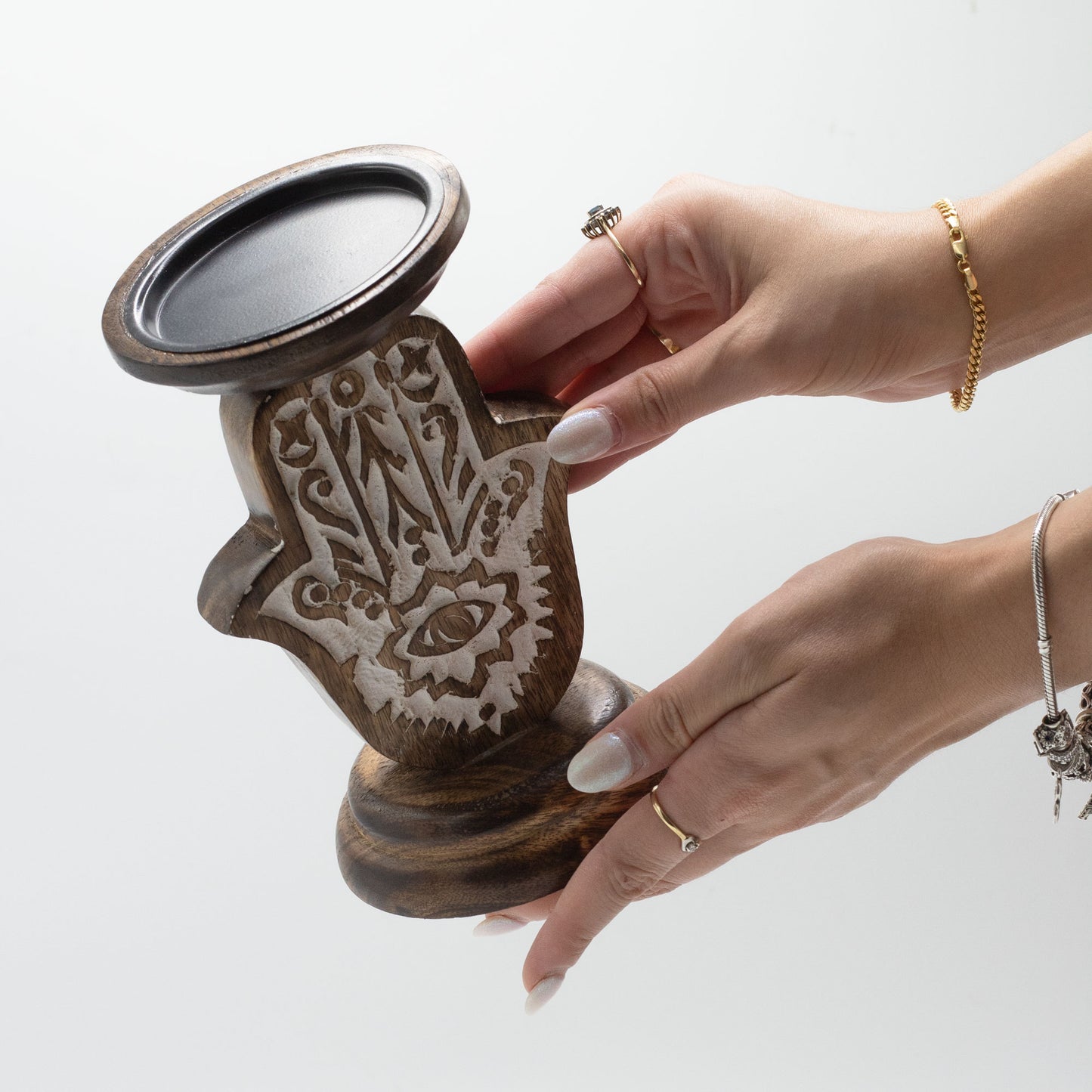 Mango Wood Candle Stand with Hamsa Design | Available in Two Sizes | Pillar Candle Holder | Voltive Candle Holder
