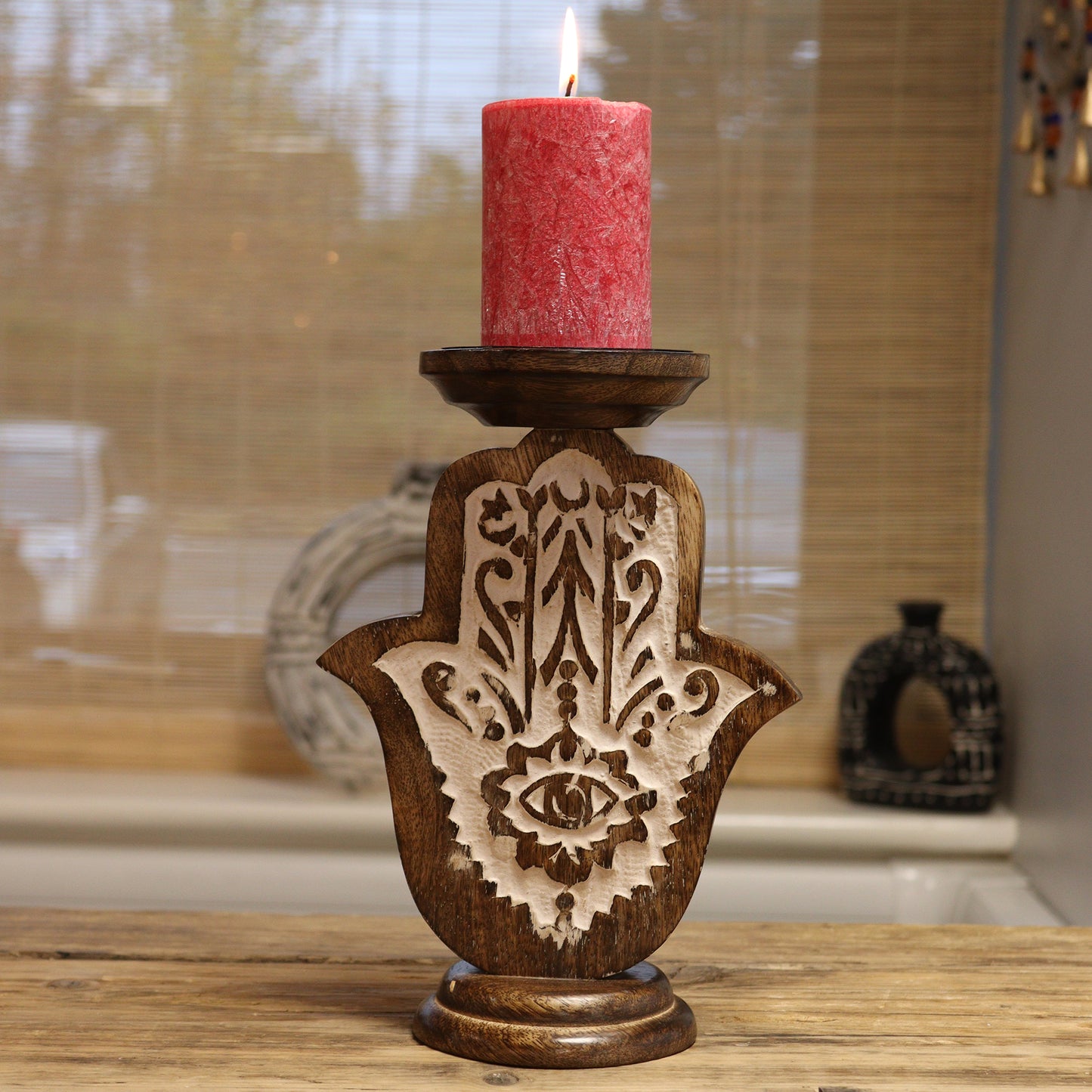 Mango Wood Candle Stand with Hamsa Design | Available in Two Sizes | Pillar Candle Holder | Voltive Candle Holder