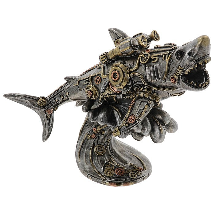 Gentleman Joe Steampunk Shark Figurine | Hand-Painted Resin | Mechanical Design | 28.5 x 33 x 19.5 cm
