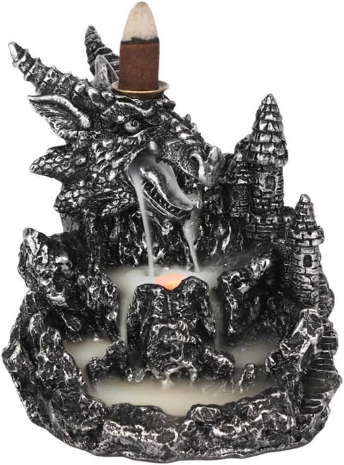 Silver Dragon Resin Backflow Incense Burner with Light | 13cm x 12.5cm | Home Fragrance | Goth Decor