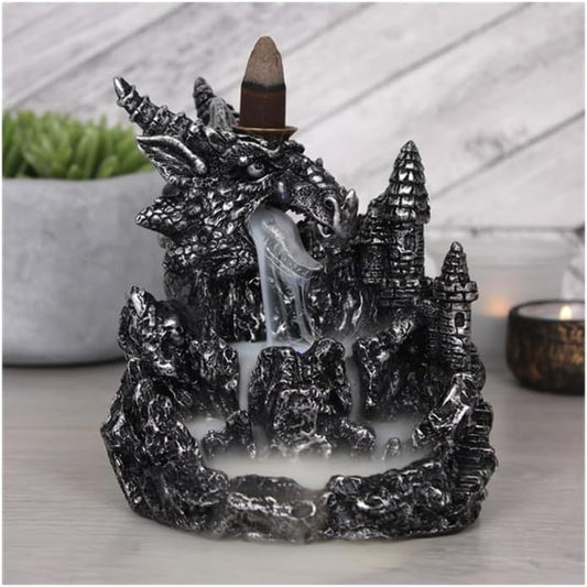 Silver Dragon Resin Backflow Incense Burner with Light | 13cm x 12.5cm | Home Fragrance | Goth Decor