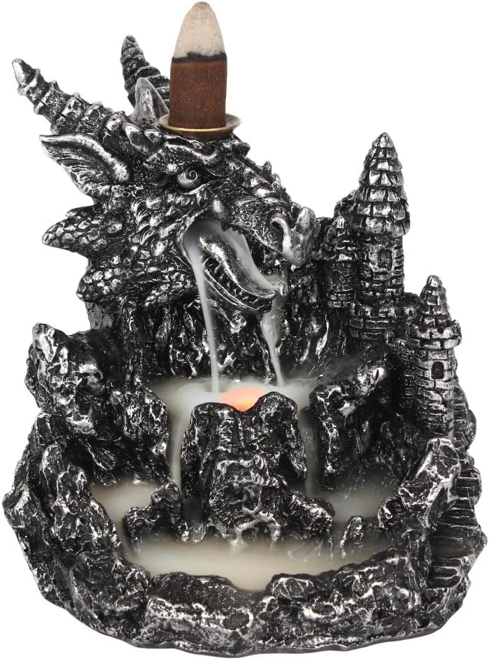Silver Dragon Resin Backflow Incense Burner with Light | 13cm x 12.5cm | Home Fragrance | Goth Decor