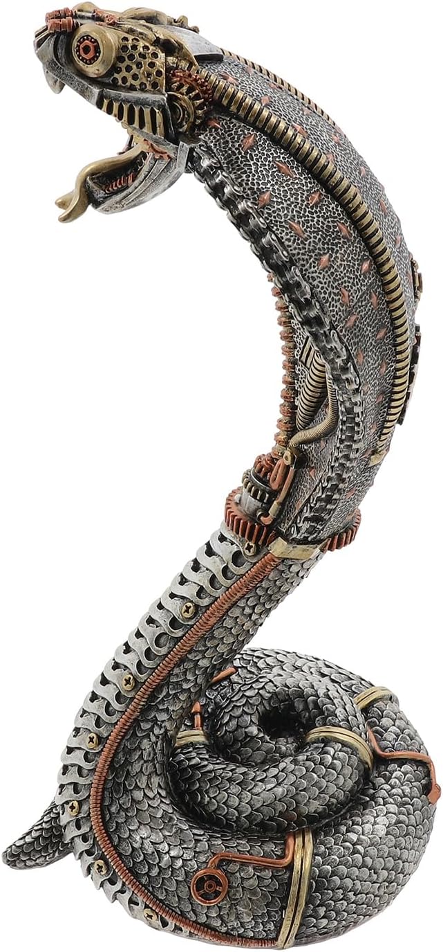 Steampunk Cobra Figurine | Industrial Mechanical Design in Bronze and Silver | Snake Figurine | Goth
