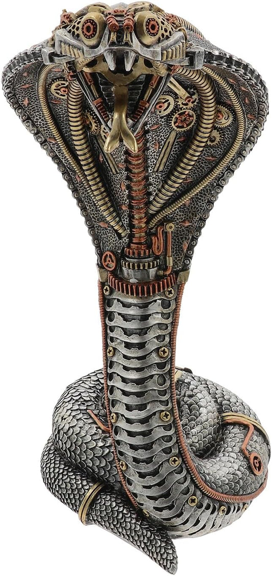 Steampunk Cobra Figurine | Industrial Mechanical Design in Bronze and Silver | Snake Figurine | Goth
