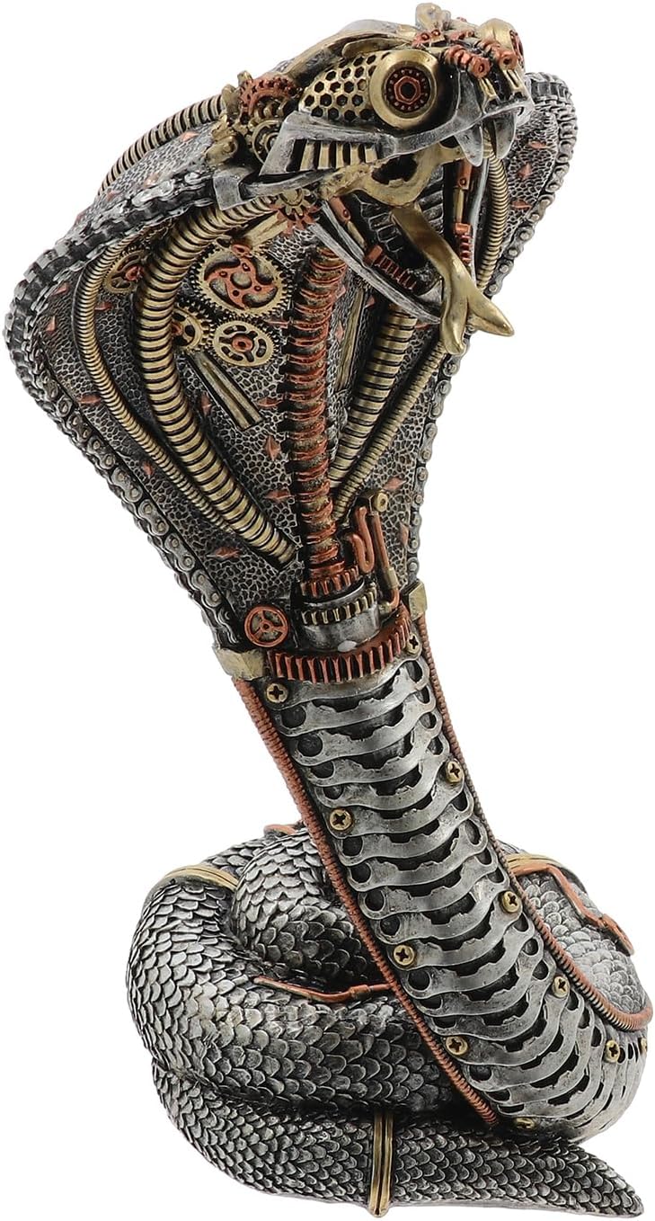Steampunk Cobra Figurine | Industrial Mechanical Design in Bronze and Silver | Snake Figurine | Goth