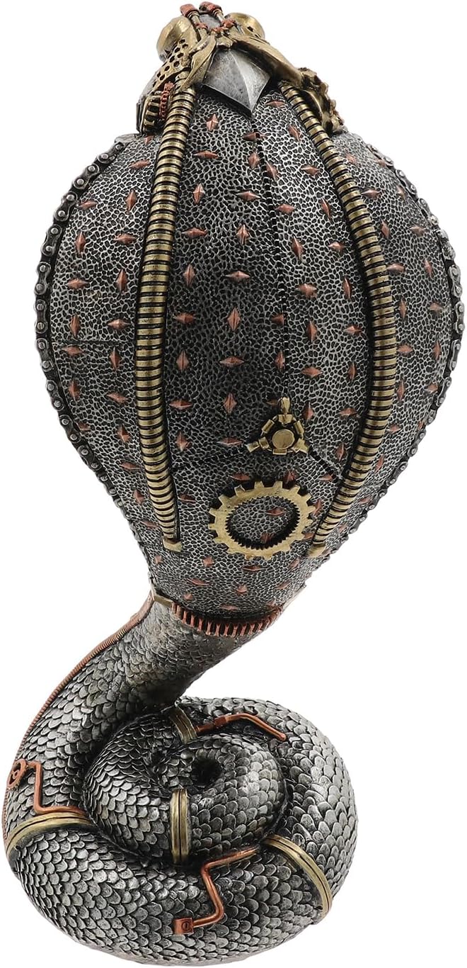 Steampunk Cobra Figurine | Industrial Mechanical Design in Bronze and Silver | Snake Figurine | Goth