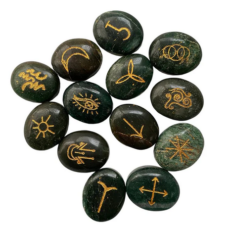 Witches Rune Set with Pouch | Green Jade | Divination | Furtune Telling | Witch Stones