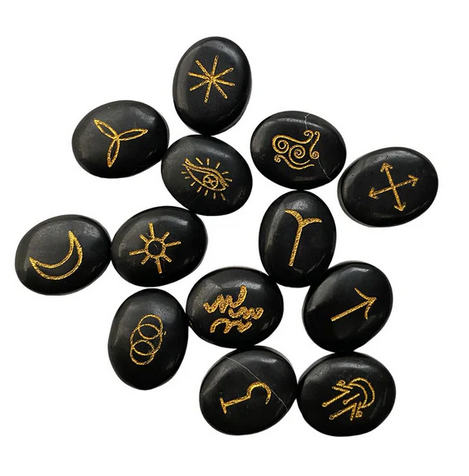 Witches Rune Set with Pouch | Black Agate | Divination | Furtune Telling | Witch Stones