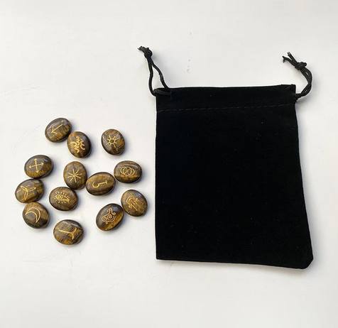 Witches Rune Set with Pouch | Tigers Eye | Divination | Furtune Telling | Witch Stones