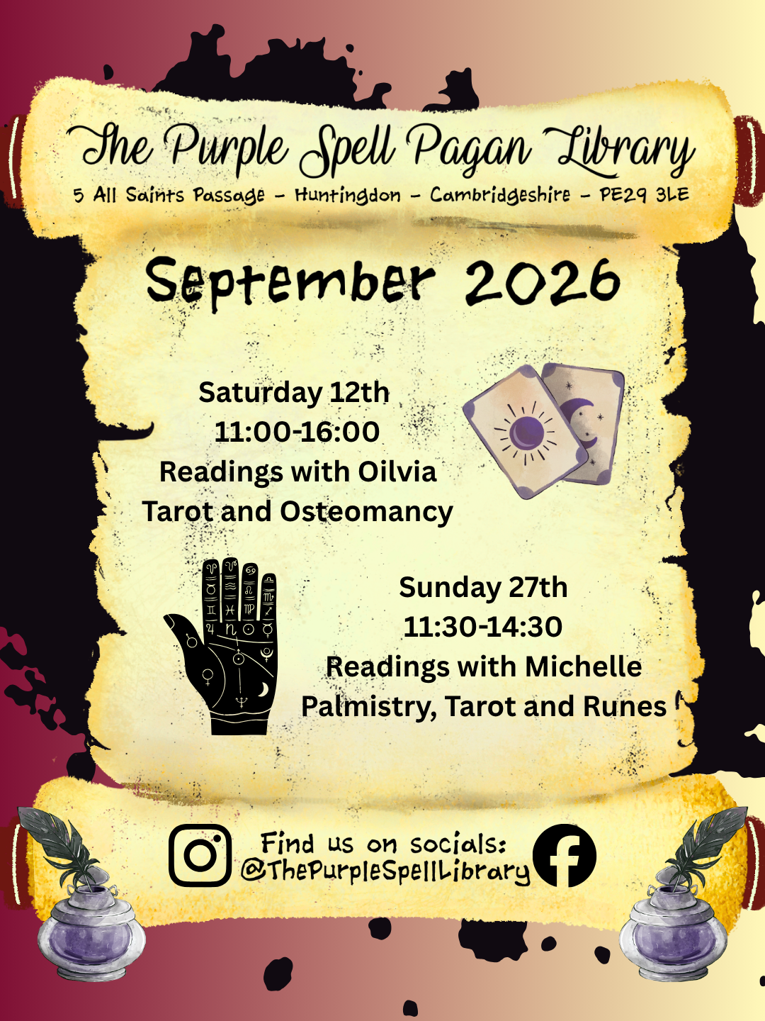 A digital flyer for 'The Purple Spell Pagan Library' featuring September 2026 calendar dates for readings. The flyer is styled as an unrolled parchment scroll with black ink splatters, displaying event details for Saturday 12th and Sunday 27th, along with illustrations of tarot cards, a palmistry hand, and a moon goddess card.