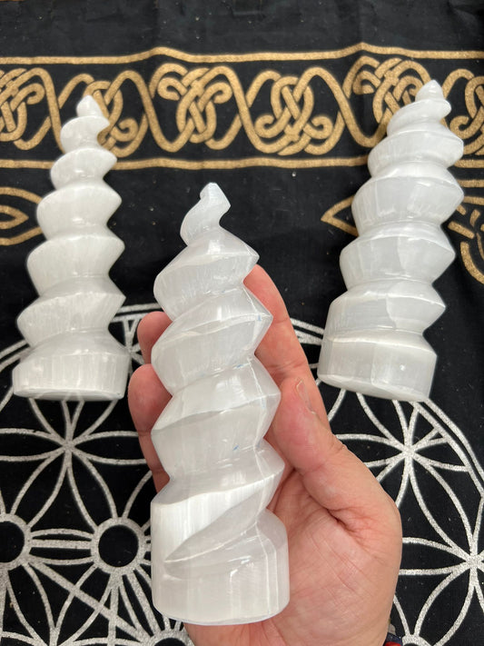Spiral Selenite Tower | Unicorn Horn Rock | Natural Gemstones | Polished Specimen | Satin Spar | Metaphysical Shop| 16cm