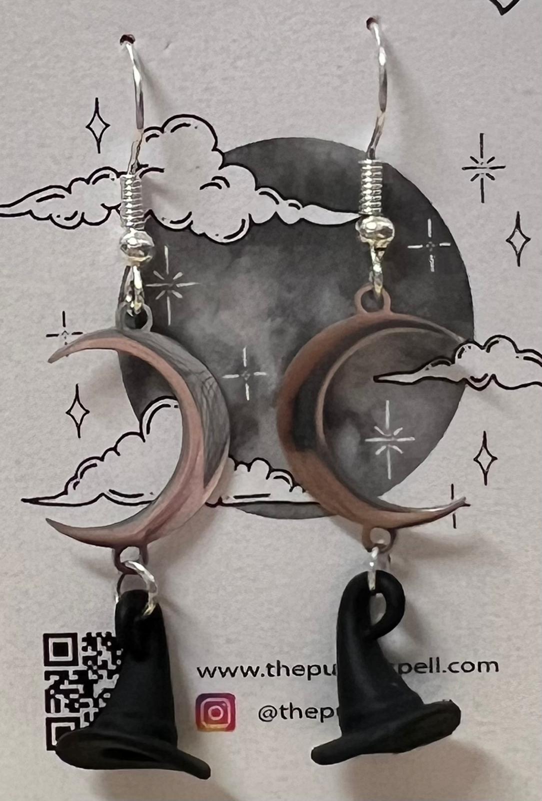 Moon and Witch Hat Dangle Earrings | Witchy Jewellery | Goth | Wiccan