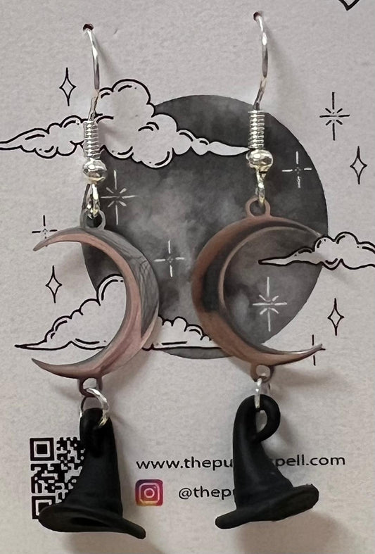 Moon and Witch Hat Dangle Earrings | Witchy Jewellery | Goth | Wiccan