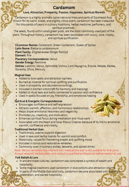 Spell Page Cardomom | Grimoire | Book of Shadows | Book of Spells | Spell Ingredients | Herbwork | Root Work