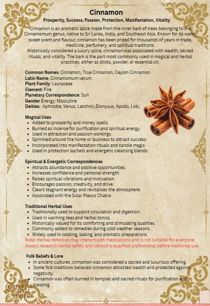 Spell Page Cinnamon | Grimoire | Book of Shadows | Book of Spells | Spell Ingredients | Herbwork | Root Work