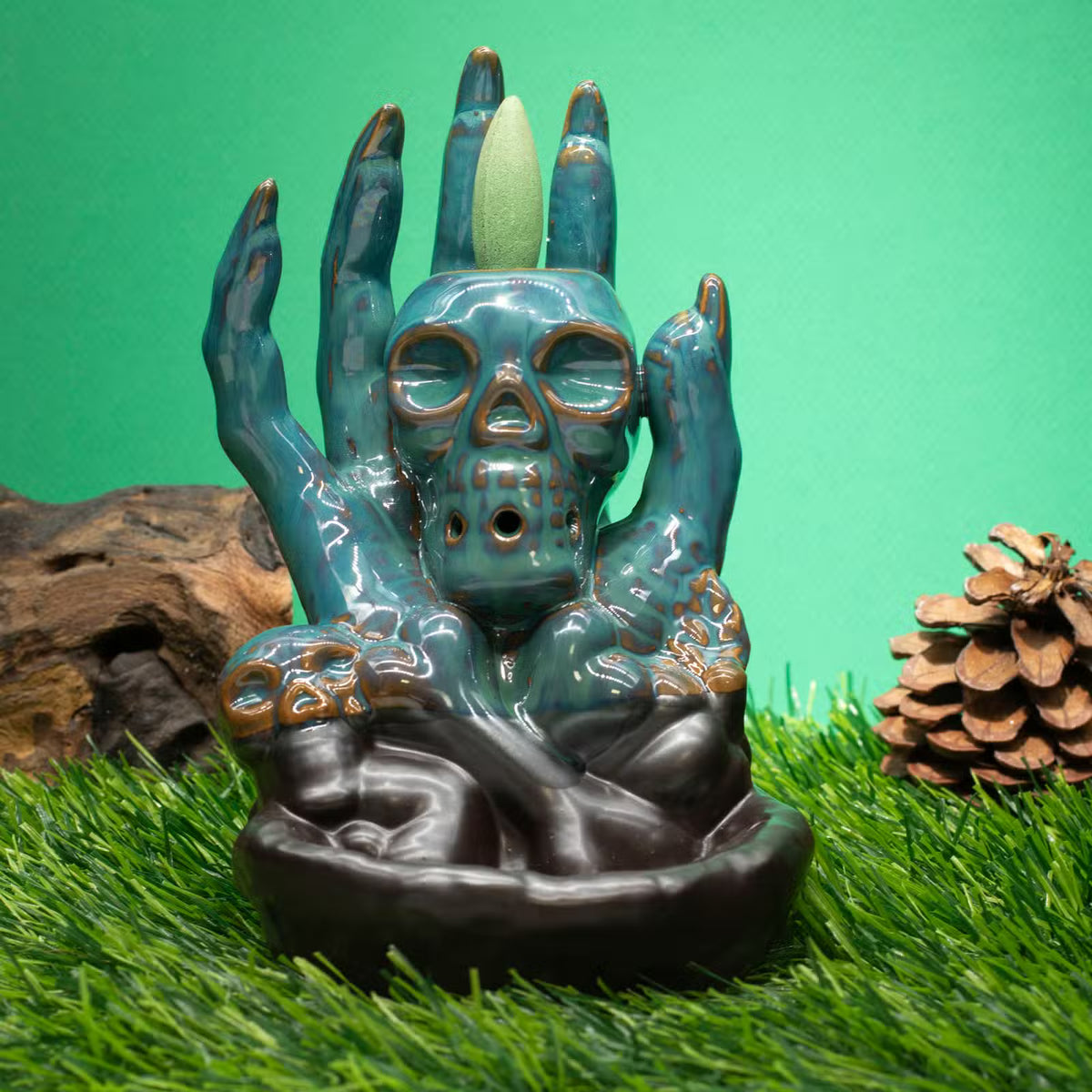 Skull in Hand Backflow Incense Burner | Ceramic, Smoke Waterfall Effect | Home Fragrance Ornament |