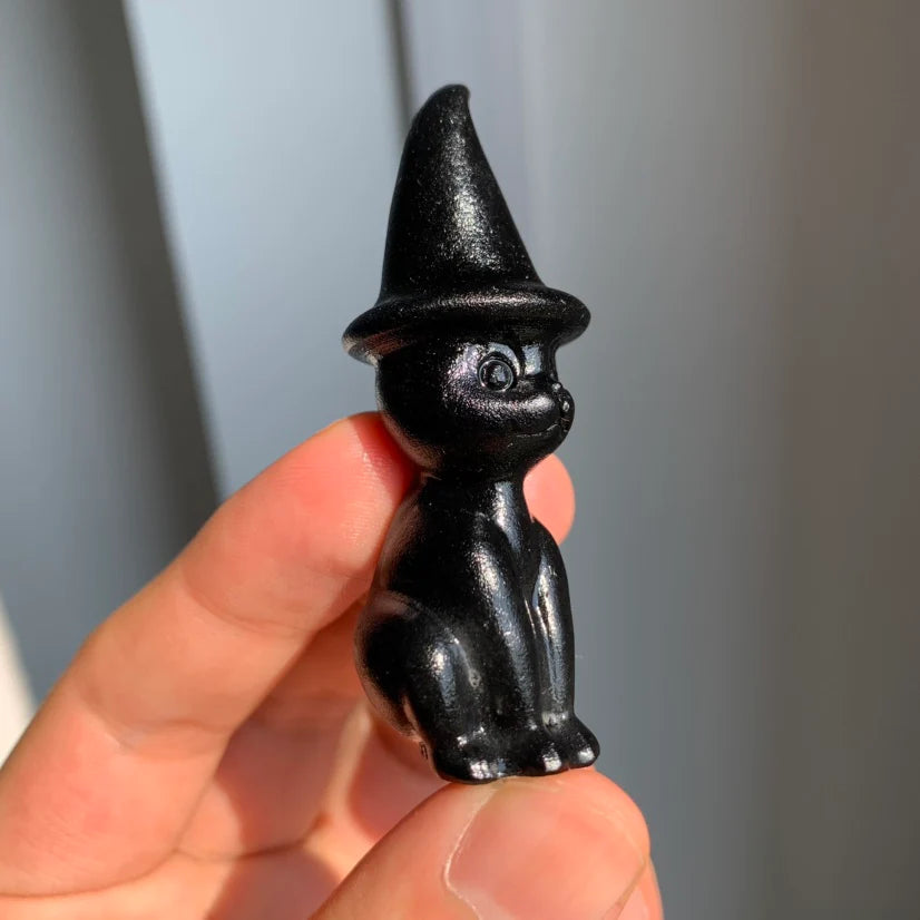Black Obsidian Witch Cat | Cat Figurine | Half Polished |