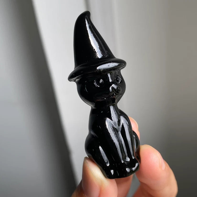 Black Obsidian Witch Cat | Cat Figurine | Half Polished |